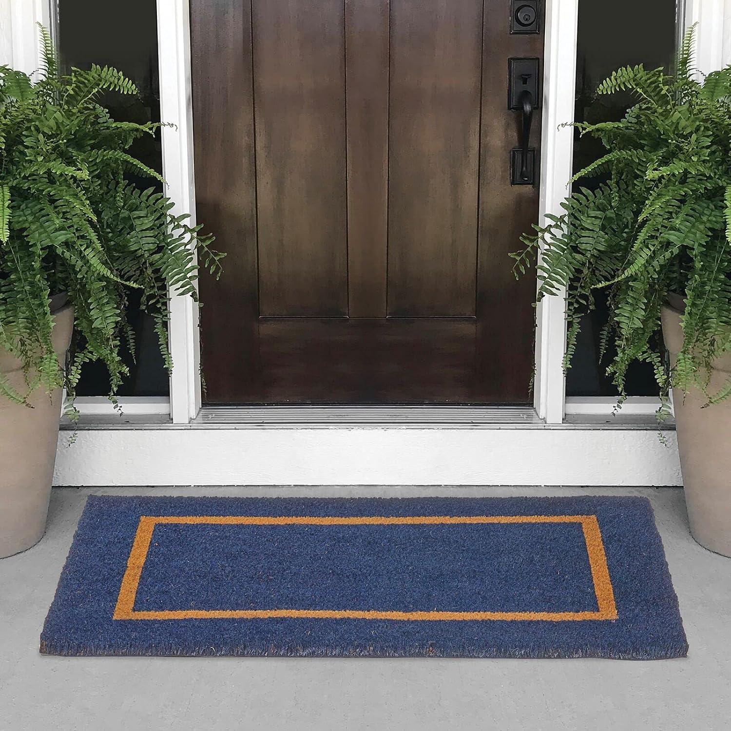 imagemDesign Rectangular Coir and Rubber Entryway Welcome Doormat with Natural Fibers for Indoor or Outdoor Use  Decorative Script Hello Design  Navy BlueNaturalNavy natural