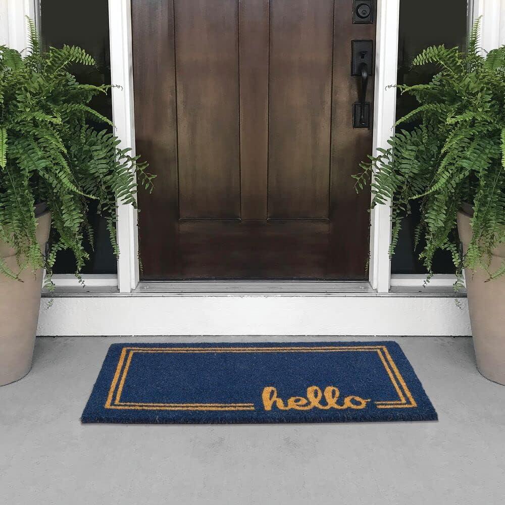 imagemDesign Rectangular Coir and Rubber Entryway Welcome Doormat with Natural Fibers for Indoor or Outdoor Use  Decorative Script Hello Design  Navy BlueNaturalNavy Border Hello