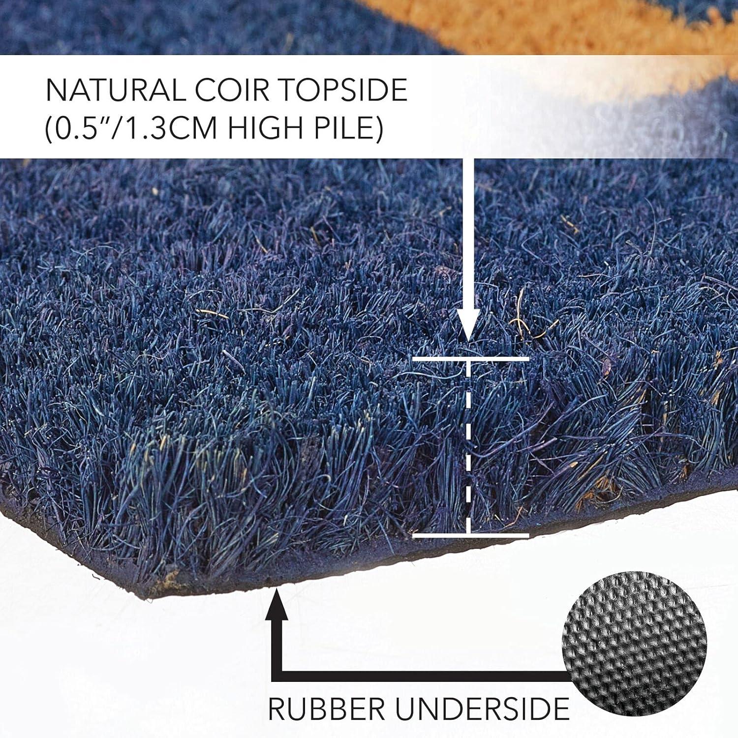 imagemDesign Rectangular Coir and Rubber Entryway Welcome Doormat with Natural Fibers for Indoor or Outdoor Use  Decorative Script Hello Design  Navy BlueNaturalNavy natural