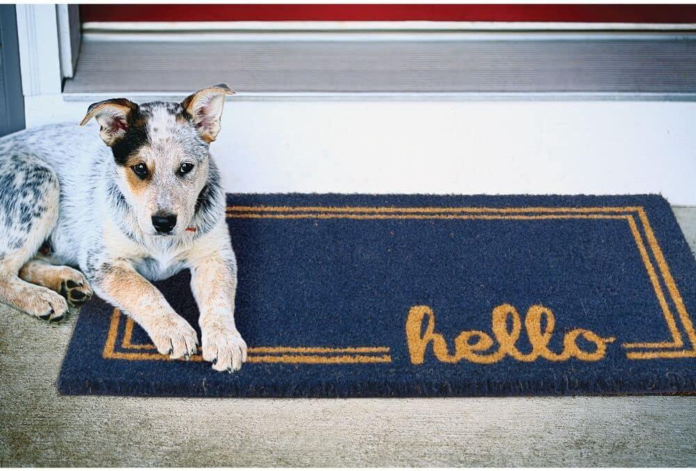 imagemDesign Rectangular Coir and Rubber Entryway Welcome Doormat with Natural Fibers for Indoor or Outdoor Use  Decorative Script Hello Design  Navy BlueNaturalNavy Border Hello