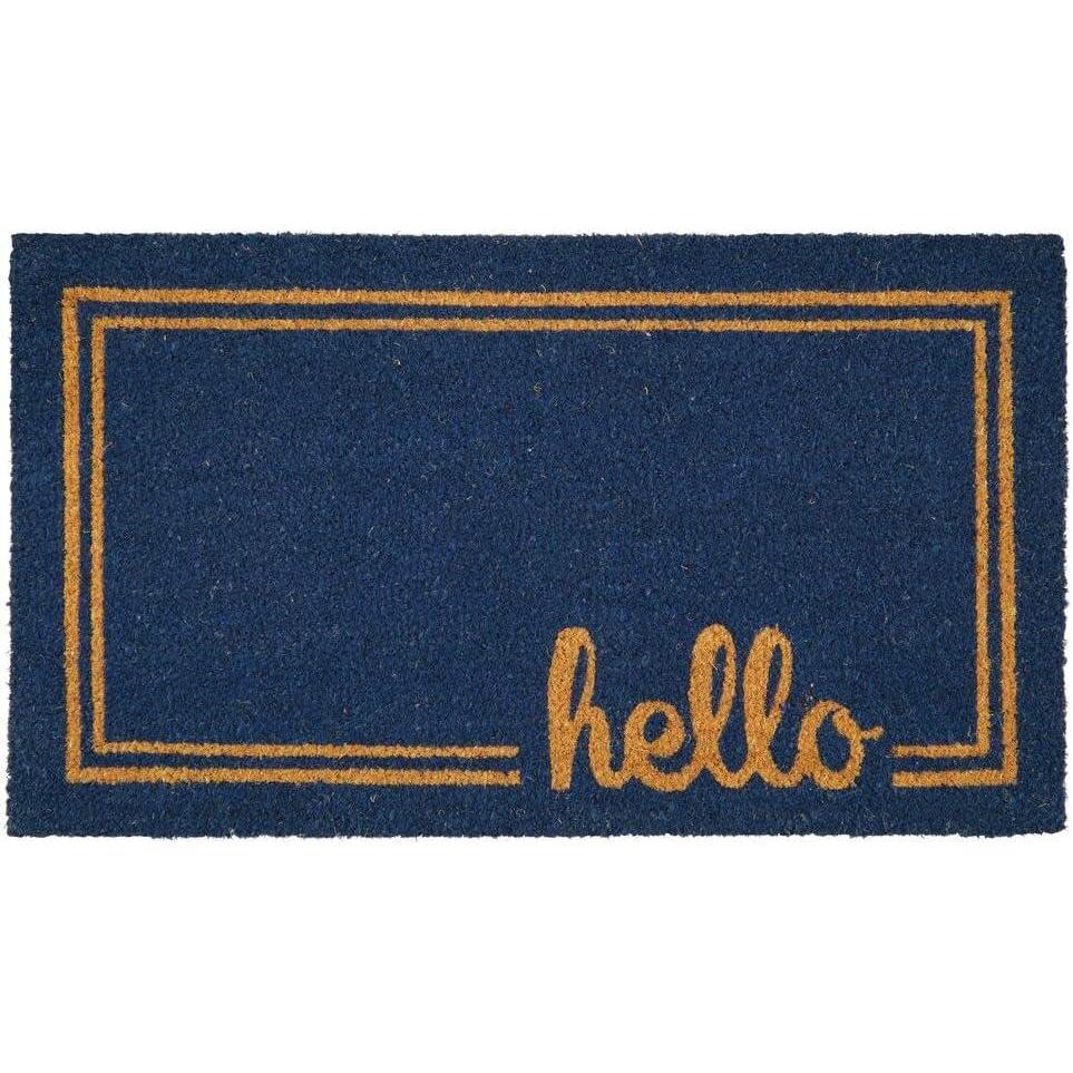 imagemDesign Rectangular Coir and Rubber Entryway Welcome Doormat with Natural Fibers for Indoor or Outdoor Use  Decorative Script Hello Design  Navy BlueNaturalNavy Border Hello