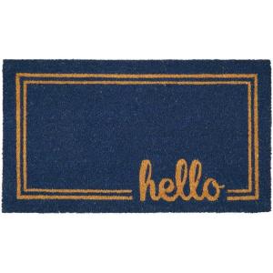 imagemDesign Rectangular Coir and Rubber Entryway Welcome Doormat with Natural Fibers for Indoor or Outdoor Use  Decorative Script Hello Design  Navy BlueNaturalNavy Border Hello