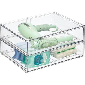 imagemDesign Plastic Stackable Bathroom Storage Organizer Bin Containers with Front Pull Drawer for Bathroom Countertop Vanity Closet Shelves  Holder for Accessories  Lumiere Collection 2 Pack Clear12 x 16 x 4 Pack of 2