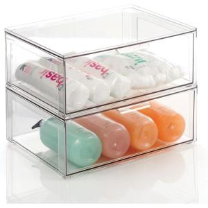 imagemDesign Plastic Stackable Bathroom Storage Organizer Bin Containers with Front Pull Drawer for Bathroom Countertop Vanity Closet Shelves  Holder for Accessories  Lumiere Collection 2 Pack Clear16 x 12 x 6 Pack of 2