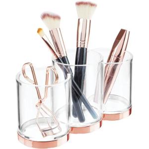 imagemDesign Practical Makeup Storage  Decorative Makeup Box for Brushes and Mascara  Make Up Display with 3 Compartments  Transparent and Red GoldTransparentRed Gold Color