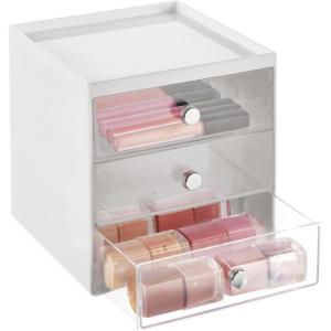 image:imagemDesign Makeup Organizer Storage Station Cube with 3 Drawers for Bathroom Vanity Cabinet Countertops  Holds Lip Gloss Eyeshadow Palettes Brushes Blush Mascara  WhiteClearLight GrayClear