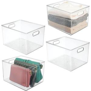 image:imagemDesign Plastic Storage Closet Organizer Bin Container Bin for Entryway Hallway Bedroom Linen and Coat Closet  Organization for Clothing Blankets Toys and Accessories Ligne Collection Clear12 x 10 x 8 Pack of 4