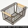 image:imagemDesign Farmhouse Decor Metal Wire Pantry Home Organizer Storage Bin Basket  for Cabinets Shelves Countertops Bathroom Bedroom Kitchen Closet  Set of 3  BronzeWood Handles
