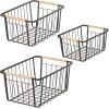 image:imagemDesign Farmhouse Decor Metal Wire Pantry Home Organizer Storage Bin Basket  for Cabinets Shelves Countertops Bathroom Bedroom Kitchen Closet  Set of 3  BronzeWood Handles
