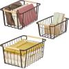 image:imagemDesign Farmhouse Decor Metal Wire Pantry Home Organizer Storage Bin Basket  for Cabinets Shelves Countertops Bathroom Bedroom Kitchen Closet  Set of 3  BronzeWood Handles