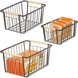 image:imagemDesign Farmhouse Decor Metal Wire Pantry Home Organizer Storage Bin Basket  for Cabinets Shelves Countertops Bathroom Bedroom Kitchen Closet  Set of 3  BronzeWood Handles