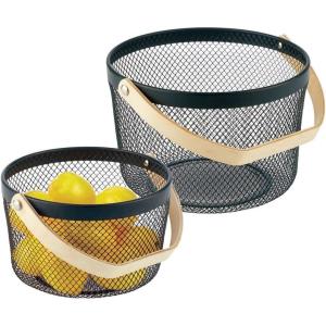 image:imagemDesign Farmhouse Metal Storage Organizer Basket Bin with Wood Handles  for Bathroom Office Entryway Closet Cabinet Bedroom Laundry Room Nursery Kids Toy Room Set of 2  Black