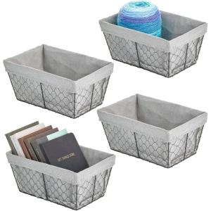 image:imagemDesign Medium Metal Farmhouse Home Storage Organizer Basket  Chicken Wire Design Fabric Liner for Kitchen Bathroom Living Room Pantry Cupboard Shelves Countertop 4 Pack  BlackGray