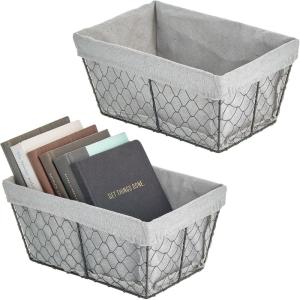 image:imagemDesign Medium Metal Farmhouse Home Storage Organizer Basket  Chicken Wire Design Fabric Liner for Kitchen Bathroom Living Room Pantry Cupboard Shelves Countertop 2 Pack  BlackGray