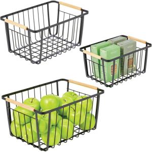 image:imagemDesign Metal Farmhouse Wire Organizer Storage Bin Basket with Handle  Rustic Container Organizers for Cabinet Shelves Counter Bathroom or Kitchen Pantry  Set of 3  Matte Black