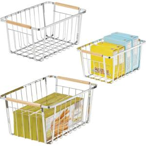 image:imagemDesign Metal Farmhouse Wire Organizer Storage Bin Basket with Handle  Rustic Container Organizers for Cabinet Shelves Counter Bathroom or Kitchen Pantry  Set of 3  Chrome