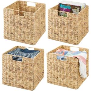 image:imagemDesign Natural Woven Hyacinth Cube Organizer Basket with Handles Storage for Bathroom Laundry Room Shelf or Nursery  Perfect for Cubby Storage Units  Hold Blankets and Books  4 Pack NaturalTanNatural