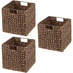 image:imagemDesign Natural Woven Hyacinth Cube Organizer Basket with Handles Storage for Bathroom Laundry Room Shelf or Nursery  Perfect for Cubby Storage Units  Hold Blankets and Books  3 Pack Brown Wash