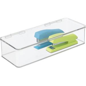 image:imagemDesign Small Plastic Home Office Storage Organizer Box Containers with Hinged Lid for Desktops  Holds Pens Pencils Sticky Notes Highlighters Staples and Supplies  Clear575 x 134 x 3 Pack of 1