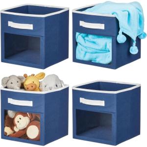 image:imagemDesign Fabric NurseryPlayroom Closet Storage Organizer Bin Box with Front HandleWindow for Cube Furniture Shelving Units Hold Toys Clothes Diapers Bibs Jane Collection 4 Pack Navy BlueWhiteNavyWhite