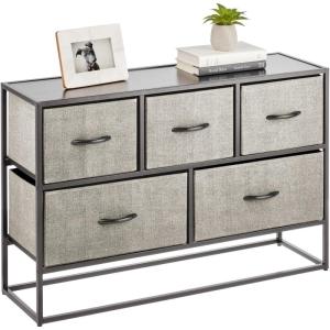 image:imagemDesign Wide Modern 5Drawer Storage Dresser Unit Sturdy Steel Frame Wood Top EasyPull Wood HandlesFabric Bins Organizer for Bedroom Hallway Entryway Closet Margot Collection BlackDk Gray