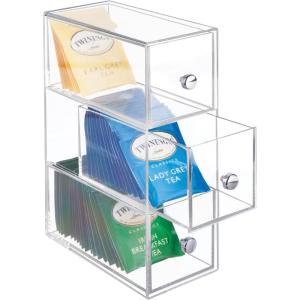 image:imagemDesign Plastic Kitchen Pantry Stackable Storage Organizer Container Station with 3 Drawers for Cabinet Countertop Holds Coffee Tea Sugar Packets Creamers  Lumiere Collection  ClearClear