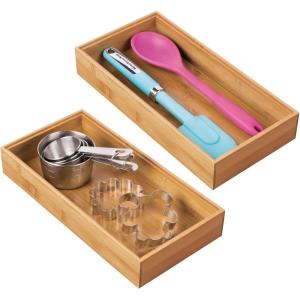 image:imagemDesign Wooden Bamboo Drawer Organizer  12 Long Stackable Storage Box Tray for Kitchen DrawersCabinet  Utensil Silverware Spatula and Flatware Holder  Echo Collection  2 Pack Natural Wood