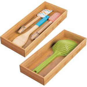 image:imagemDesign Wooden Bamboo Drawer Organizer  15 Long Stackable Storage Box Tray for Kitchen DrawersCabinet  Utensil Silverware Spatula and Flatware Holder  Echo Collection  2 Pack Natural Wood