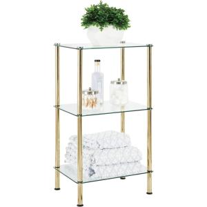 image:imagemDesign MetalGlass 3Tier Storage Tower Narrow Shelving Display Unit Open Glass Shelves MultiUse Stand for Living Room Bathroom Home Office Hallway Bedroom Organization  Soft BrassClear