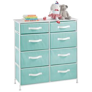 image:imagemDesign 353 High Steel FrameWood Top Storage Dresser Furniture Unit 8 Removable Slim Fabric Drawers  Tall Bureau Organizer for Bedroom Living Room Closet  Jane Collection Turquoise BlueWhite