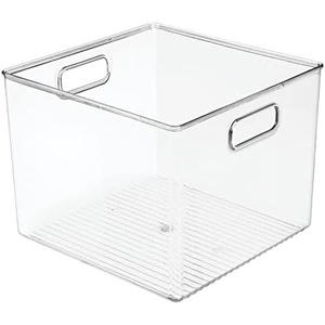 image:imagemDesign Plastic Food Storage Container Bin with Handles  for Kitchen Pantry Cabinet FridgeFreezer  Narrow for Snacks Produce Vegetables Pasta  BPA Free Food Safe  4 Pack Clear10 x 10 x 8 Pack of 4