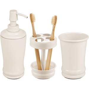 image:imagemDesign Metal Bathroom Vanity Countertop Accessory Set  Includes Refillable Soap Dispenser Divided Toothbrush Stand Tumbler Rinsing Cup Vivi Collection Set of 3 Cream