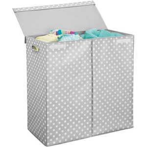 image:imagemDesign Extra Large Upright Double Laundry Hamper Basket with Hinged Lid and Handles  Portable and Foldable for Compact Storage in Baby Nursery Kid Bedroom Playroom  GrayWhite Polka Dots