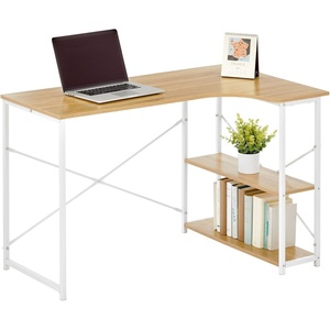 image:imagemDesign Large LShape Home Office Corner Desk with Shelves  Space Saving Computer or Writing Desk Modern Simple Style PC Work Table  Sturdy White Metal FrameLight Natural Wood Top